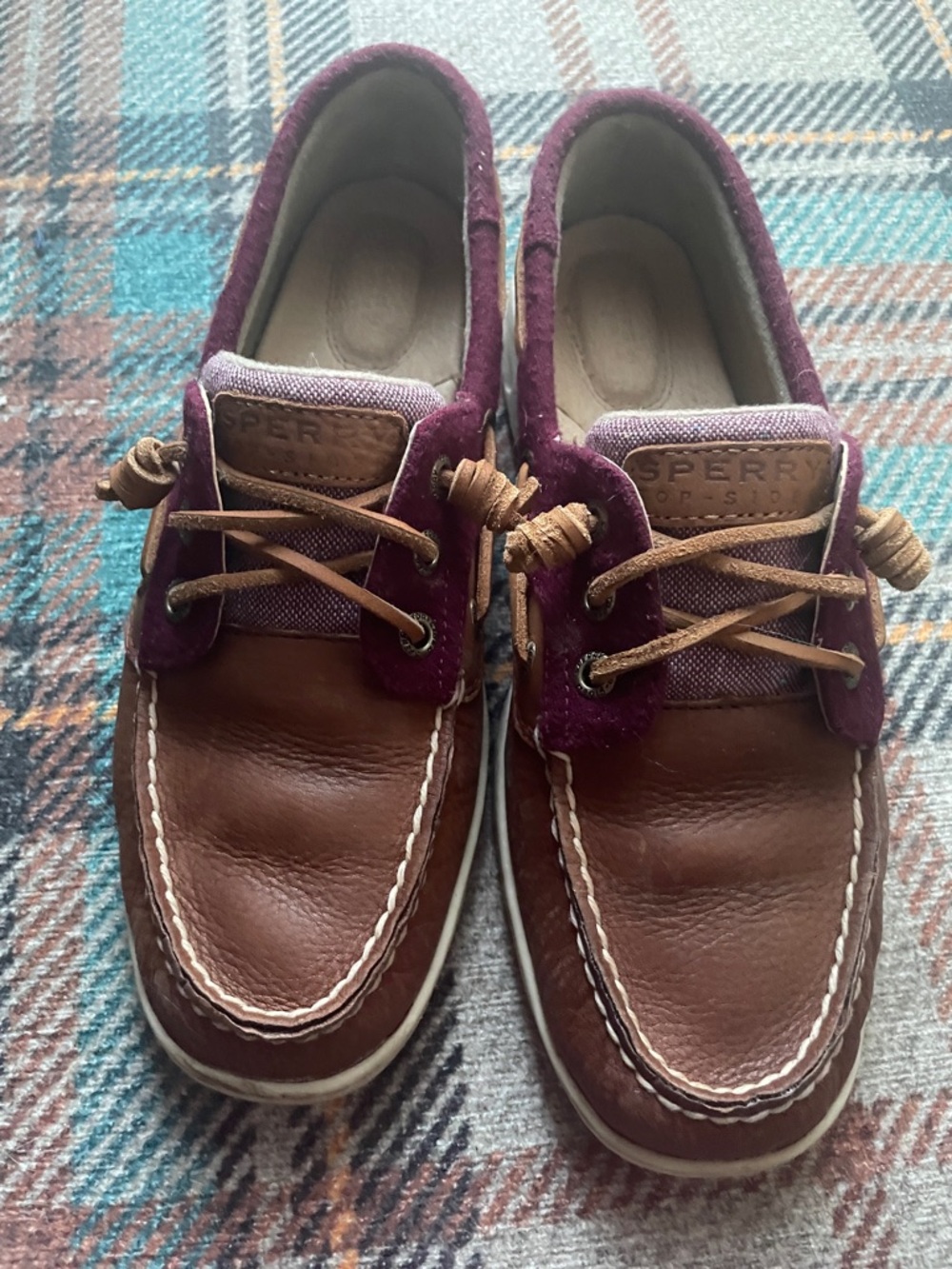 Sperry Brown Leather Boat Shoes with Burgundy Suede Trim